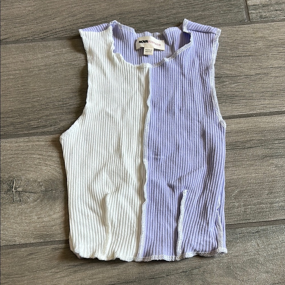 Vintage White and Purple Ribbed Muscle Tee